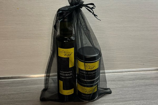 Geschenksäckchen Olivenöl/Salz/Oregano
